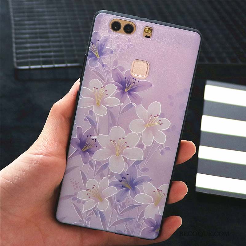 Huawei P9 Plus Coque Étui Tout Compris Violet Délavé En Daim Style Chinois Gaufrage