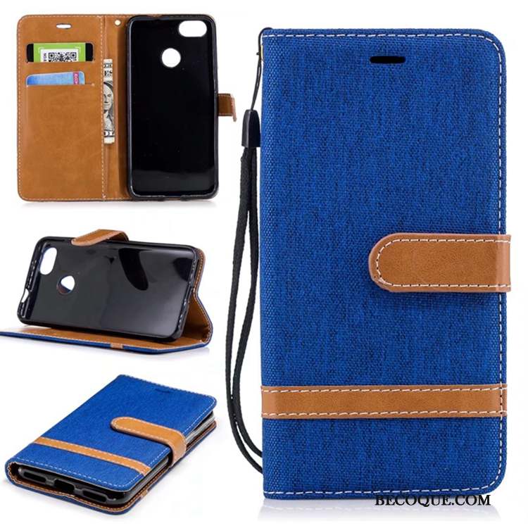 Huawei Y6 Pro 2017 Coque Support Étui En Cuir Téléphone Portable En Denim Bleu Carte