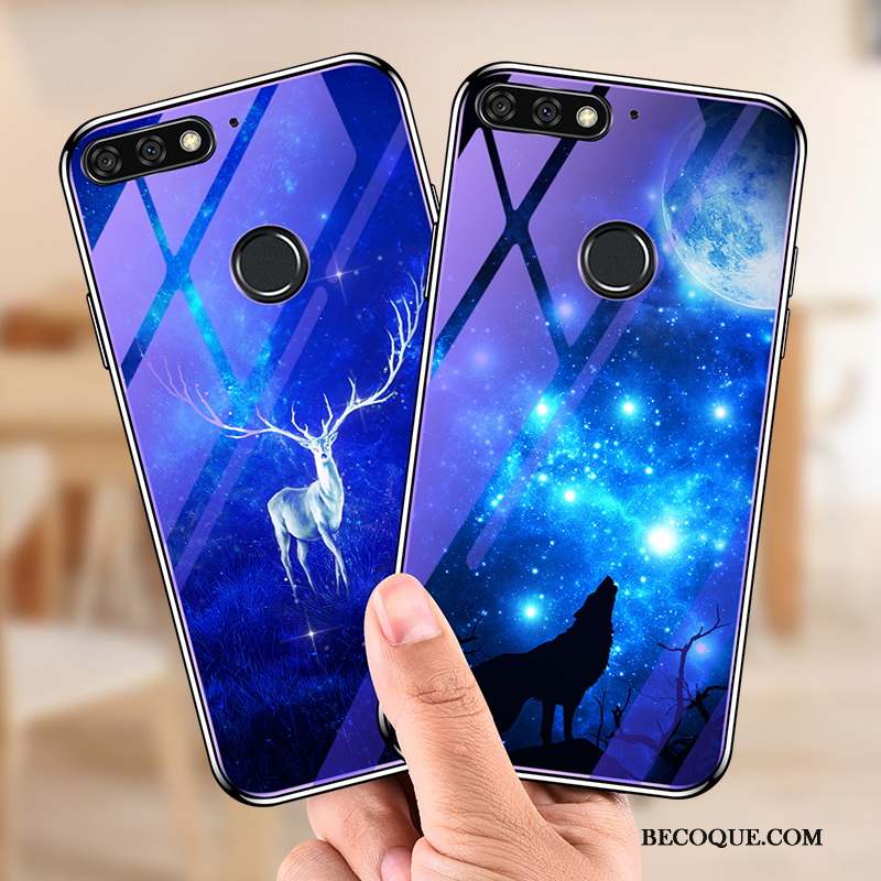 Huawei Y7 2018 Étui Protection Bleu Verre Trempé Coque De Téléphone