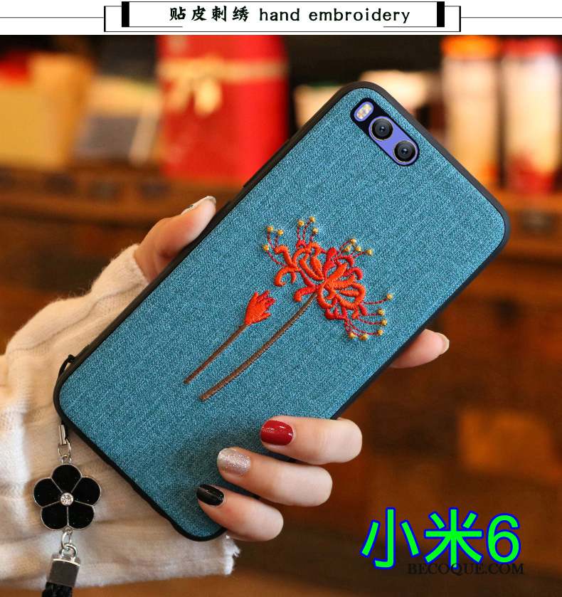 Mi 6 Coque Rouge Tout Compris Fluide Doux Broderie Bleu Protection