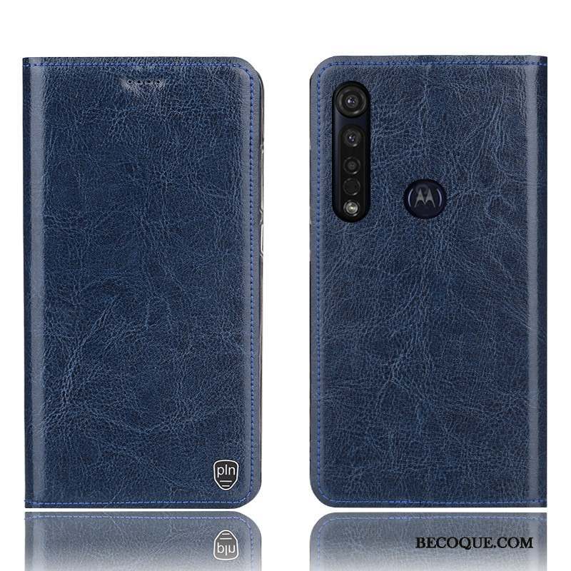 Moto G8 Plus Housse Bleu Coque De Téléphone Modèle Fleurie Protection Cuir Véritable