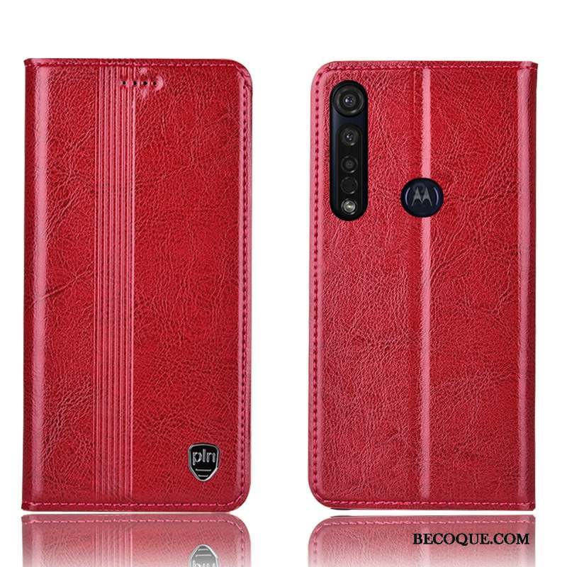 Moto G8 Plus Rouge Cuir Véritable Tout Compris Étui Incassable Coque De Téléphone