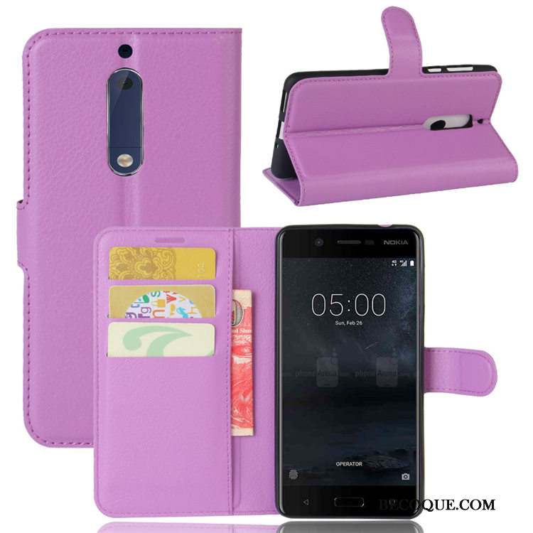 Nokia 5 Coque Étui En Cuir Violet Support Litchi Protection Modèle Fleurie