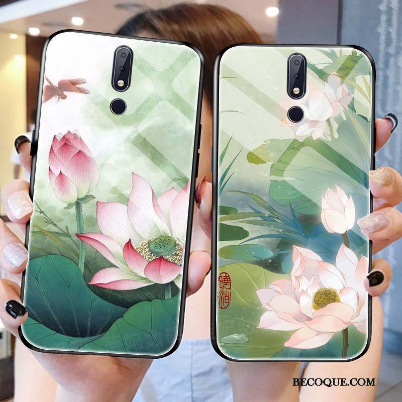 Nokia 7.1 Fleur Verre Coque De Téléphone Vert Rose Lumineuses