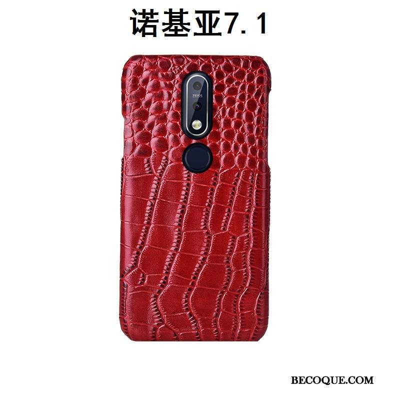 Nokia 7.1 Étui Luxe Cuir Véritable Rouge Coque De Téléphone Téléphone Portable