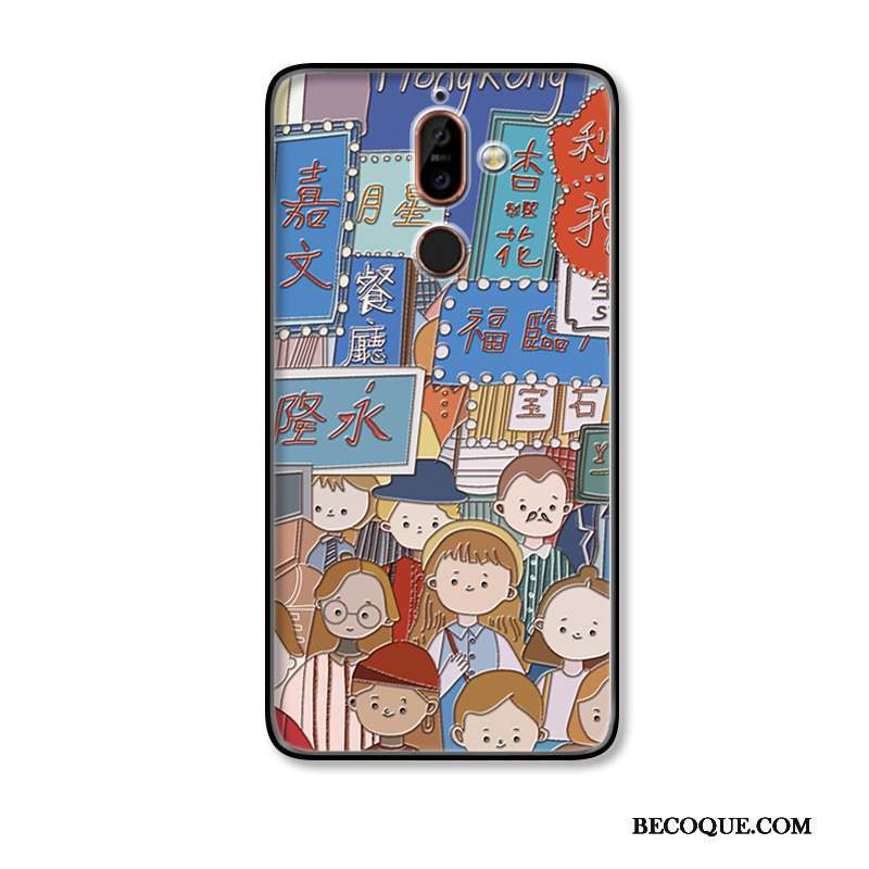 Nokia 7 Plus Coque Dessin Animé Personnalité Mode Fleur Gaufrage Bleu