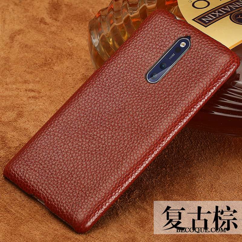 Nokia 8 Simple Incassable Cuir Véritable Coque De Téléphone Rouge Tendance
