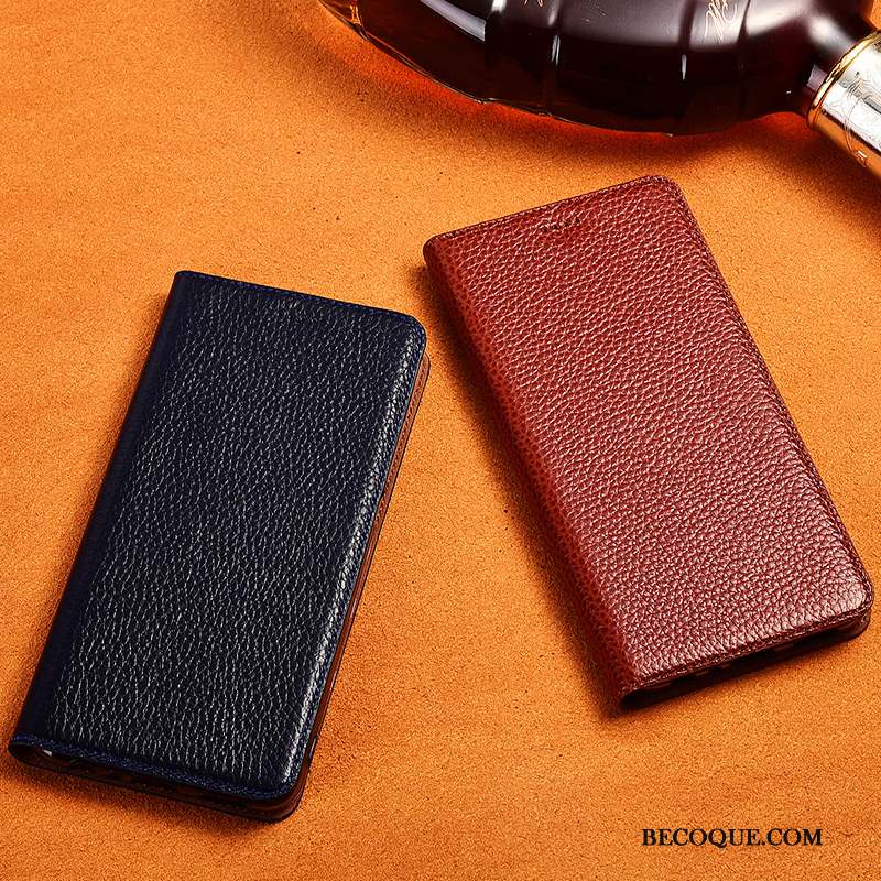 Redmi 8a Coque Noir Cuir Véritable Protection Étui En Cuir Téléphone Portable Litchi