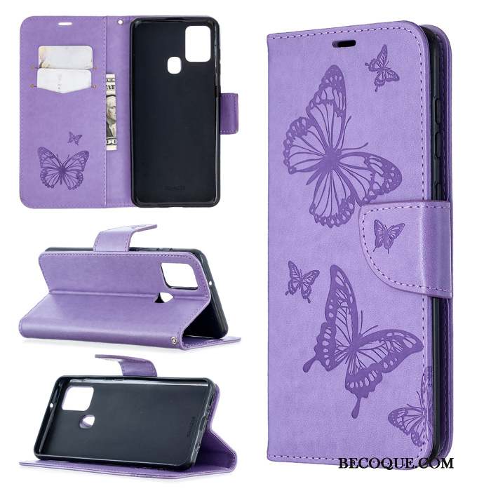 Samsung Galaxy A21s Coque Violet Tout Compris Incassable Papillon Étui En Cuir En Relief