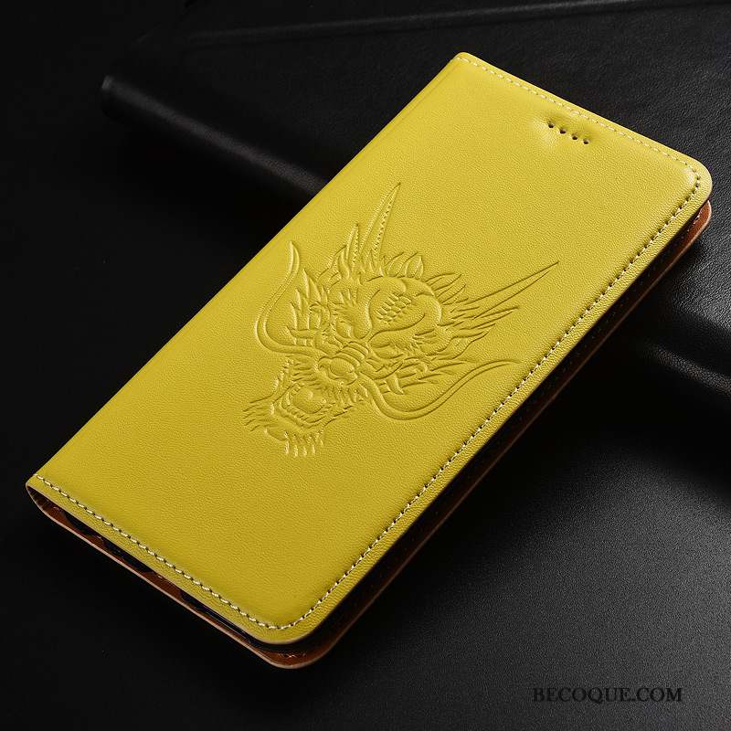 Samsung Galaxy A40 Coque Clamshell Cuir Véritable Dragon Protection Jaune Étui En Cuir