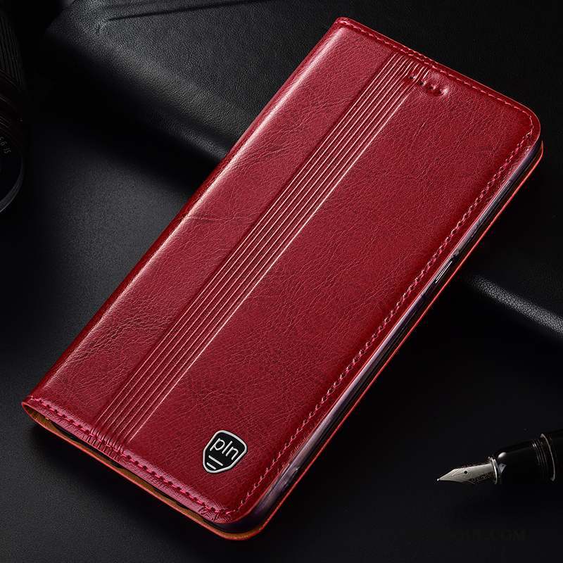 Samsung Galaxy A50s Incassable Étui Cuir Véritable Modèle Fleurie Rouge Coque De Téléphone