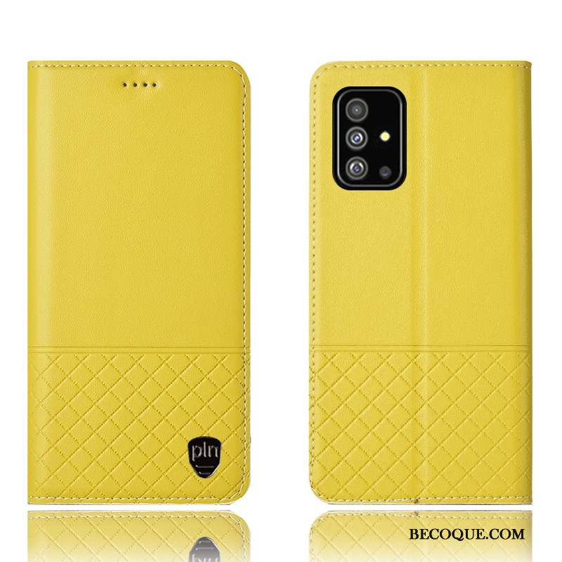 Samsung Galaxy A51 Coque Citron Cuir Véritable Plaid Étui Protection Incassable