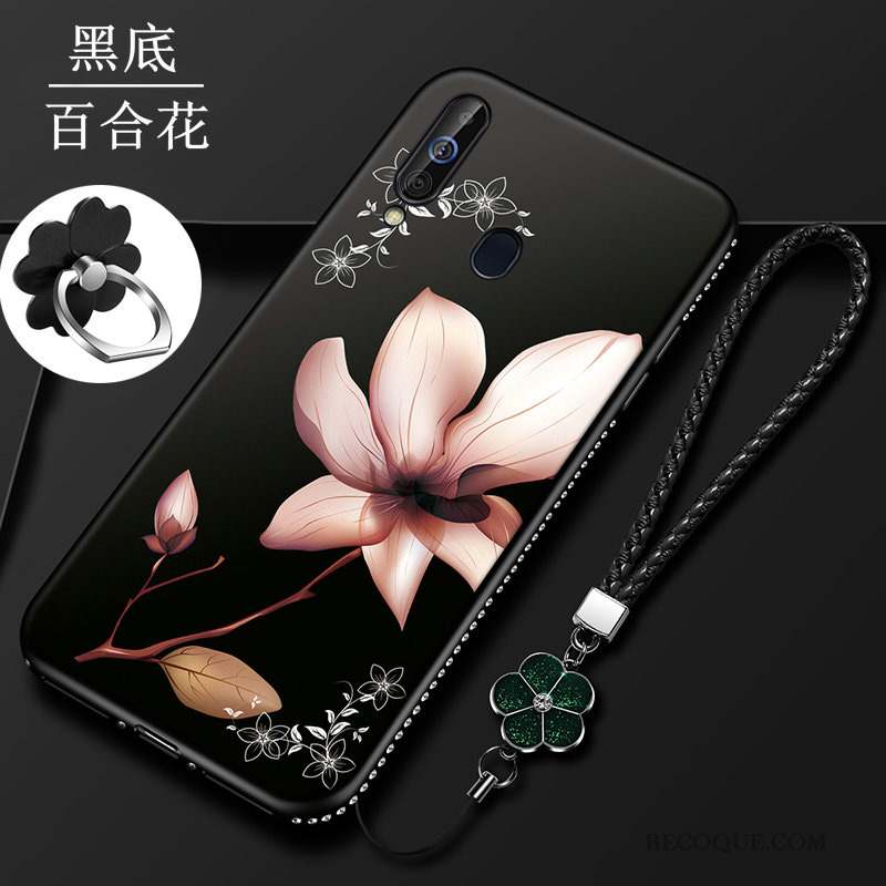 Samsung Galaxy A60 Incassable Fleur Coque De Téléphone Noir Protection Fluide Doux
