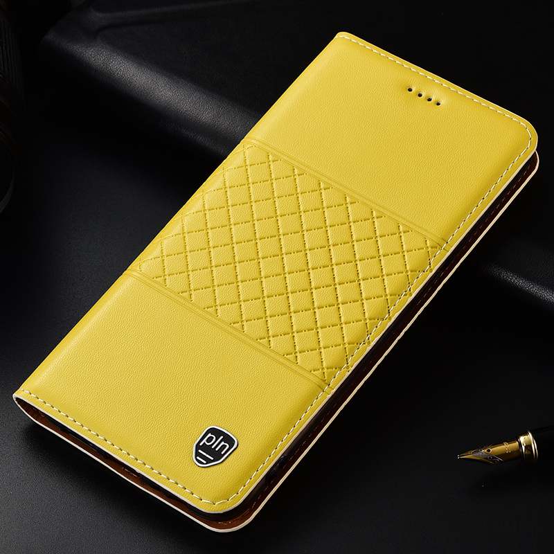 Samsung Galaxy A70 Coque Housse Cuir Haut Luxe Cuir Véritable Étui Jaune