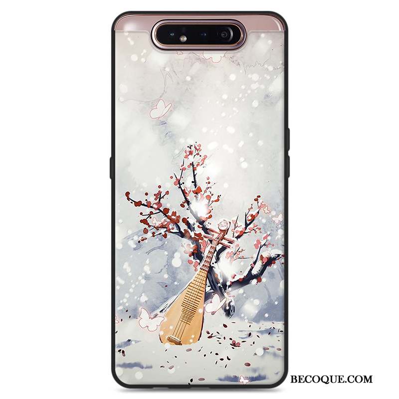 Samsung Galaxy A80 Coque Vent Étui Nouveau Gris Style Chinois Fleurs