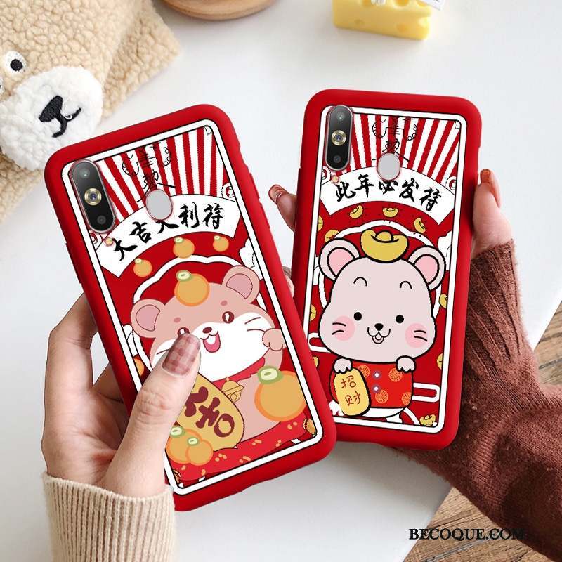 Samsung Galaxy A8s Coque Délavé En Daim Dessin Animé Rouge Fluide Doux Tendance Mode