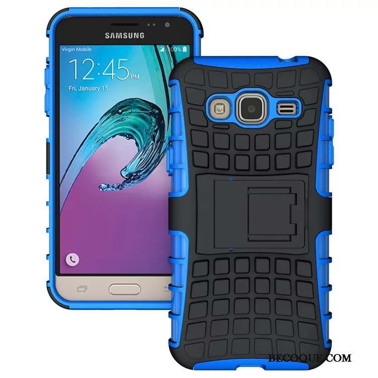 Samsung Galaxy J3 2016 Silicone Coque De Téléphone Bleu Étui Support Noir