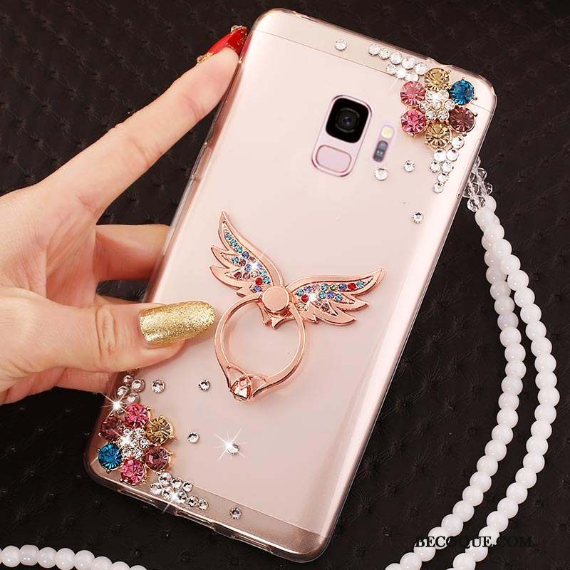 Samsung Galaxy J6 Or Rose Transparent Net Rouge Strass Étui Coque De Téléphone