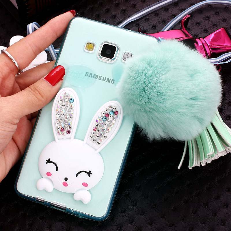 Samsung Galaxy J7 2015 Coque Vert Strass Support Étui Silicone Pompon