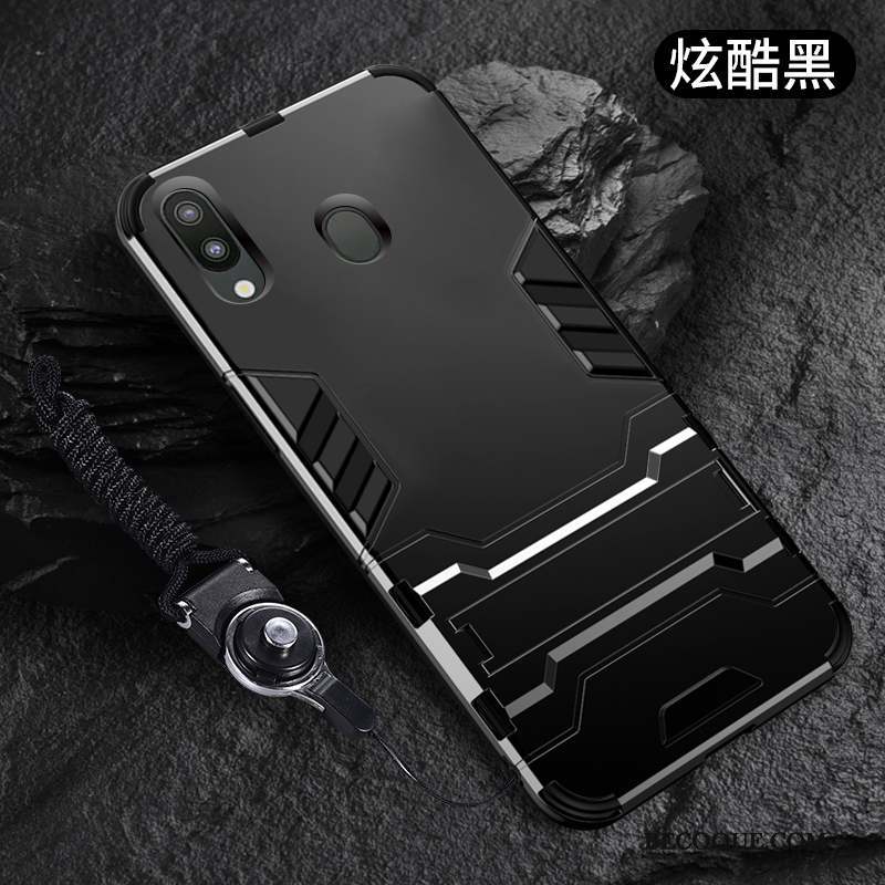 Samsung Galaxy M20 Coque Incassable Tendance Noir Délavé En Daim Personnalité Ornements Suspendus