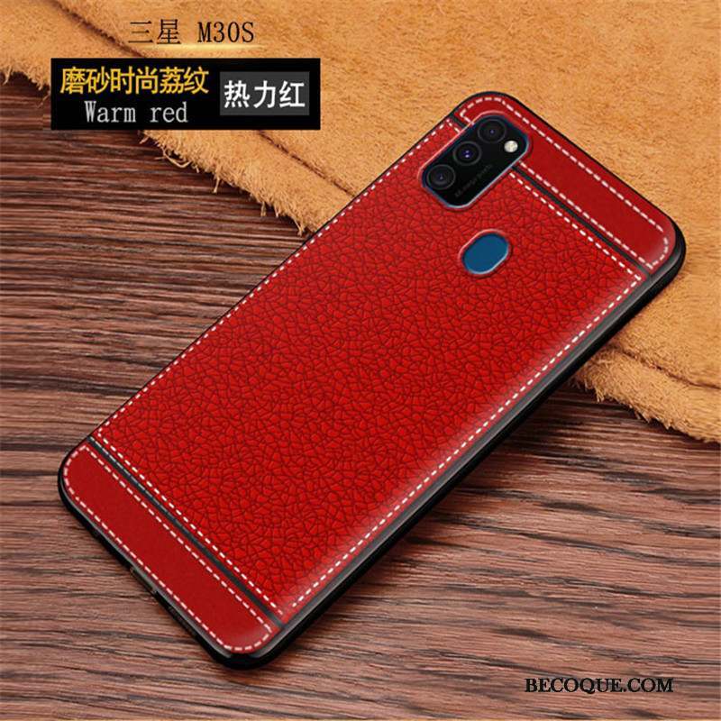 Samsung Galaxy M30s Coque De Téléphone Cuir Litchi Modèle Fleurie Protection Rouge