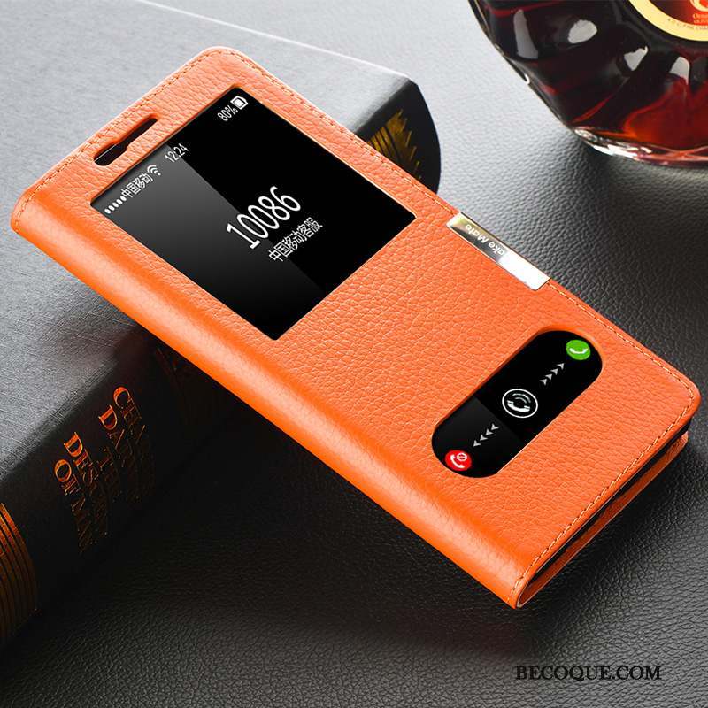 Samsung Galaxy Note 8 Téléphone Portable Protection Orange Coque Cuir Véritable Étui