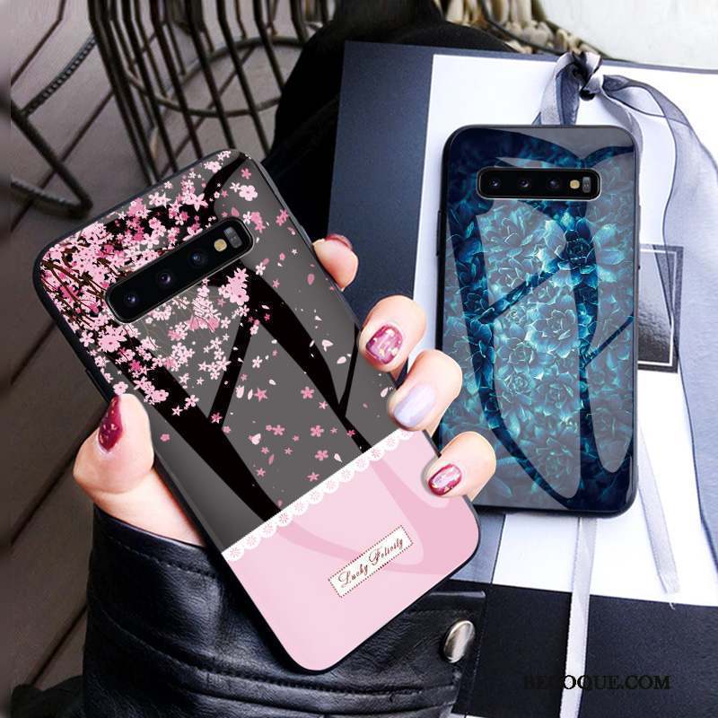 Samsung Galaxy S10 Coque Verre Trempé Frais Art Sakura Créatif Noir