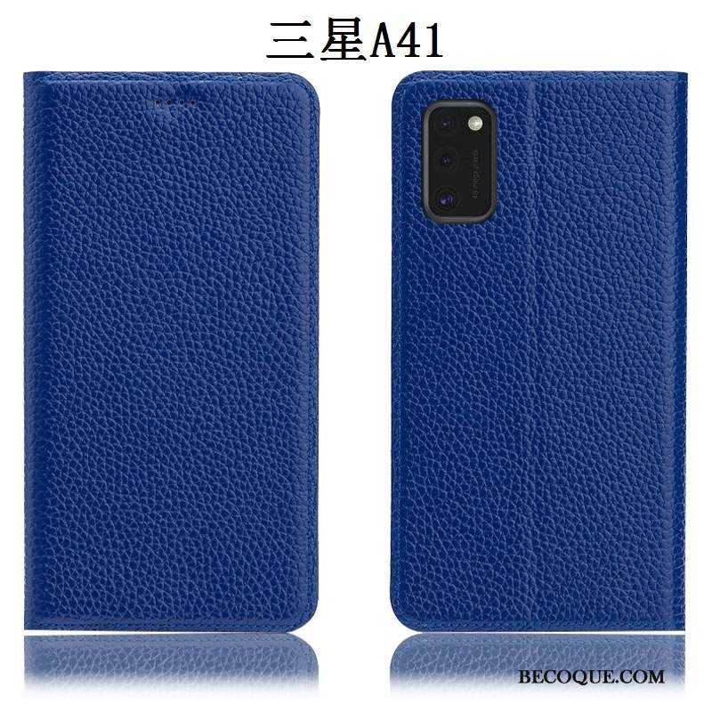 Samsung Galaxy S41 Coque Protection Cuir Véritable Housse Étui Litchi Bleu Marin