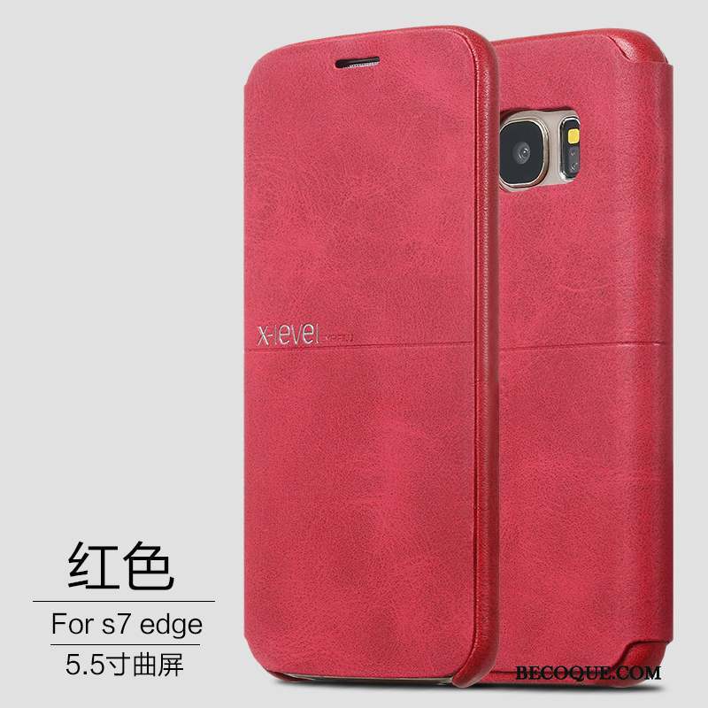 Samsung Galaxy S7 Edge Coque Clamshell Très Mince Étui Protection Étui En Cuir Rouge