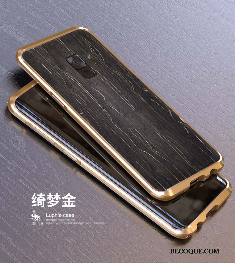 Samsung Galaxy S9 Coque Métal Bois Délavé En Daim Couvercle Arrière Étui Or