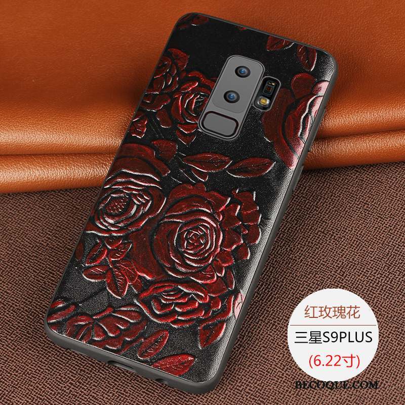 Samsung Galaxy S9+ Coque Protection Imprimé Cuir Véritable Fluide Doux Étui Rouge