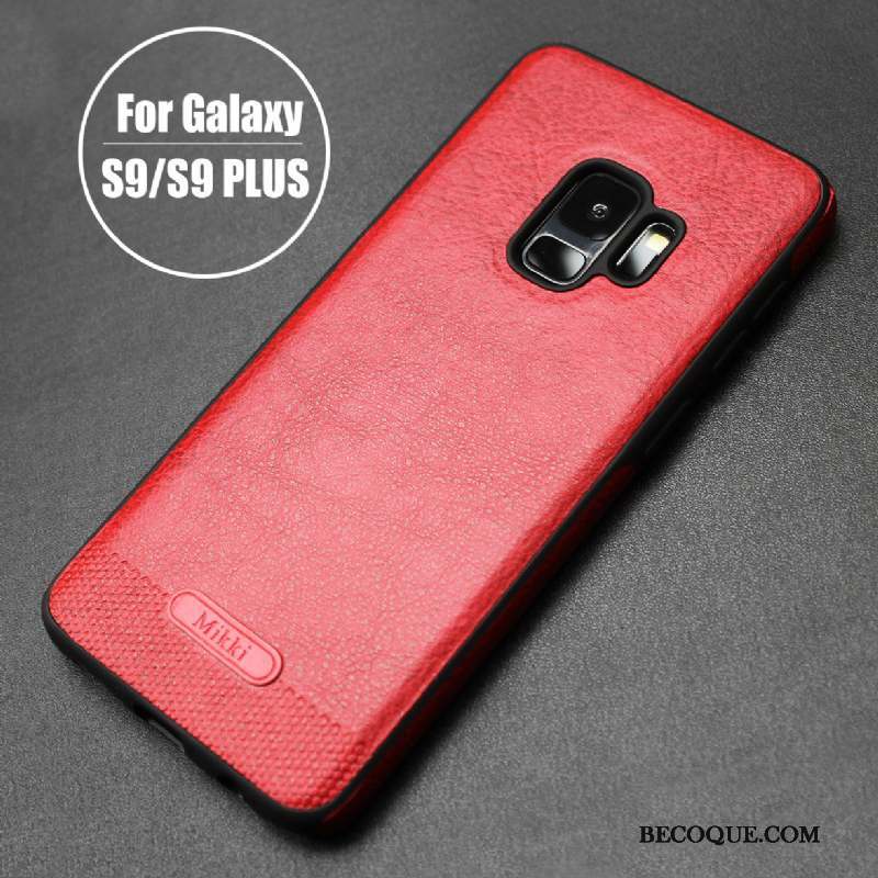 Samsung Galaxy S9+ Coque Simple Cuir Rouge Protection Fluide Doux Cuir Véritable