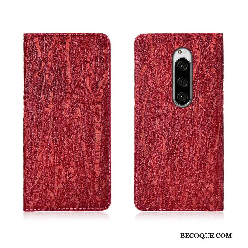 Sony Xperia 1 Coque De Téléphone Nouveau Clamshell Rouge Arbres Cuir Véritable