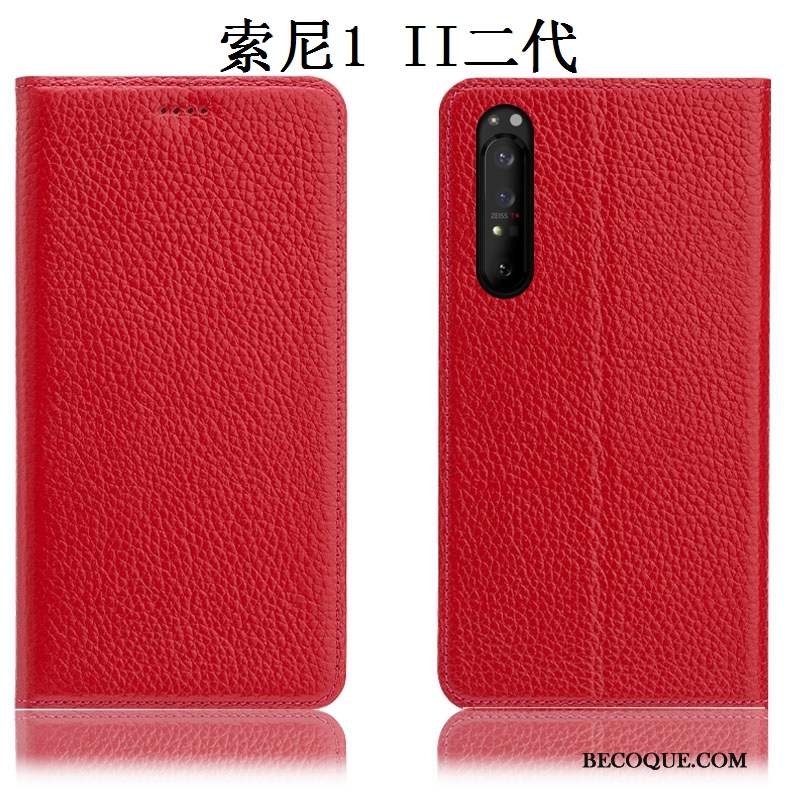 Sony Xperia 1 Ii Coque Rouge Litchi Étui Protection Cuir Véritable Incassable