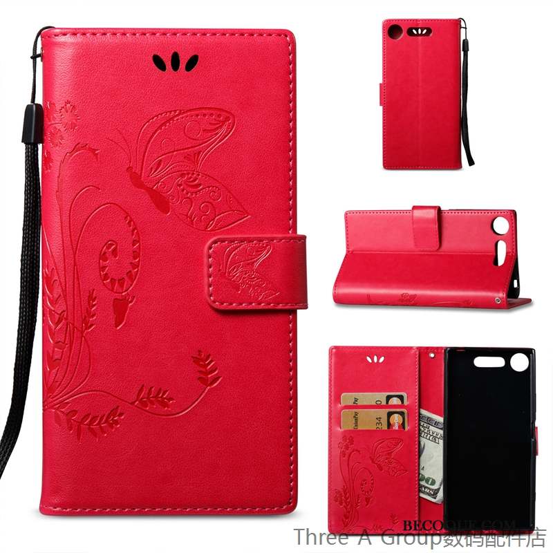 Sony Xperia Xz1 Carte Rouge Étui En Cuir Téléphone Portable Incassable Coque