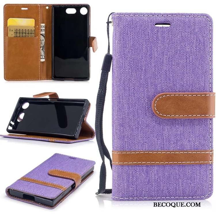 Sony Xperia Xz1 Compact Coque Violet Incassable Étui En Cuir Housse Support En Denim