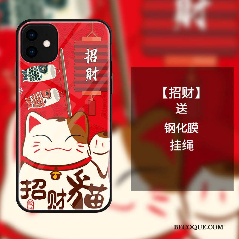 iPhone 11 Coque Chat Incassable Richesse Dessin Animé Verre Rouge