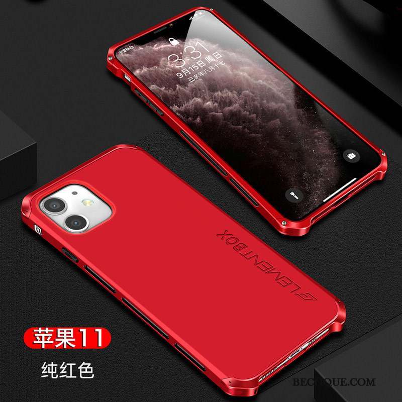 iPhone 11 Métal Incassable Luxe Rouge Délavé En Daim Coque De Téléphone