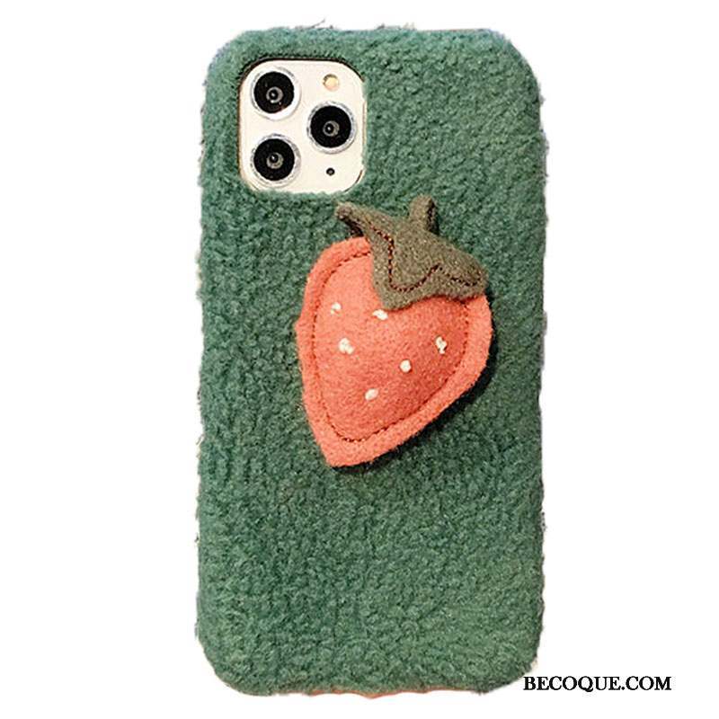 iPhone 11 Pro Max Peluche Dimensionnel Fraise Petit Coque De Téléphone Vert