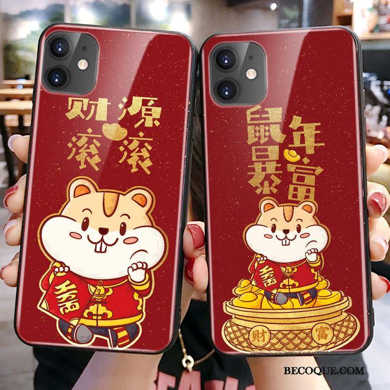 iPhone 11 Silicone Verre Net Rouge Dessin Animé Rat Coque De Téléphone