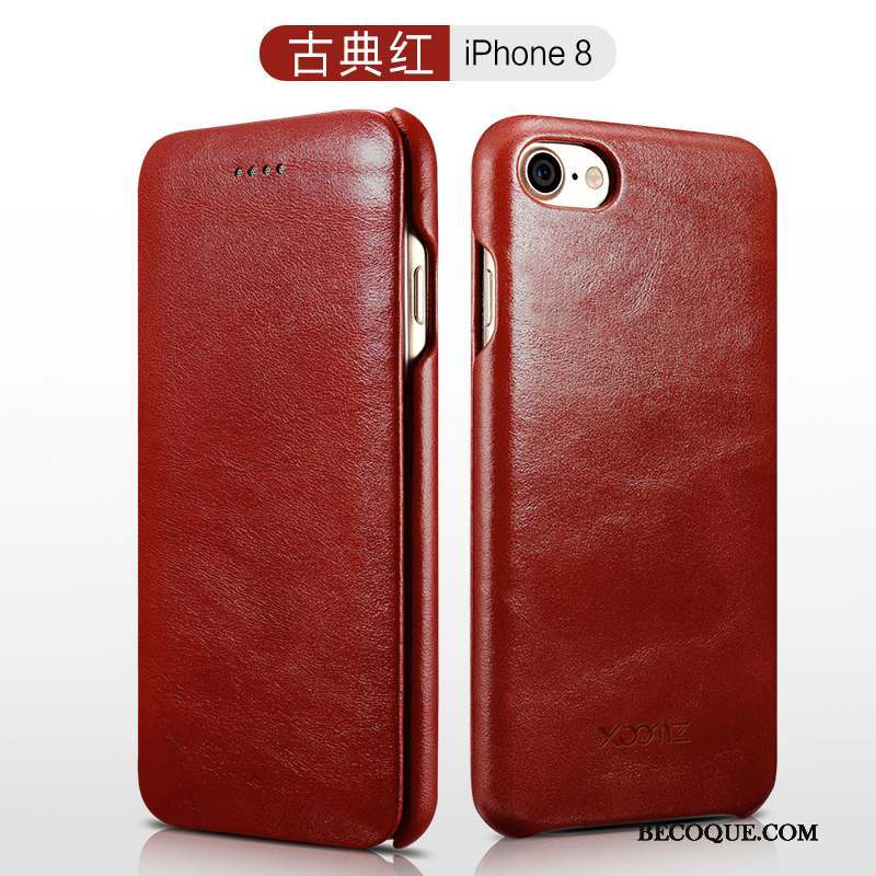 iPhone 8 Coque De Téléphone Business Étui Cuir Véritable Incassable Rouge
