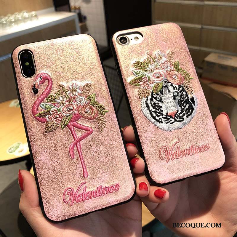 iPhone 8 Plus Coque Rose Nouveau Téléphone Portable Créatif Broderie Étui