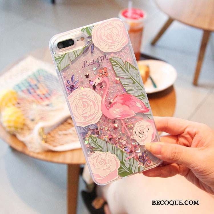 iPhone 8 Plus Quicksand Liquide Oiseau Fleurs Rose Coque De Téléphone