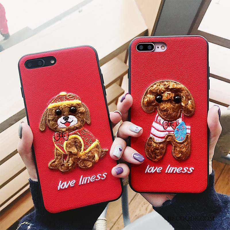 iPhone 8 Plus Étui Net Rouge Chiens Marque De Tendance Broderie Coque De Téléphone