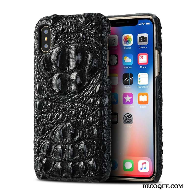 iPhone X Coque Cuir Véritable Personnalité Crocodile Noir Créatif Nouveau