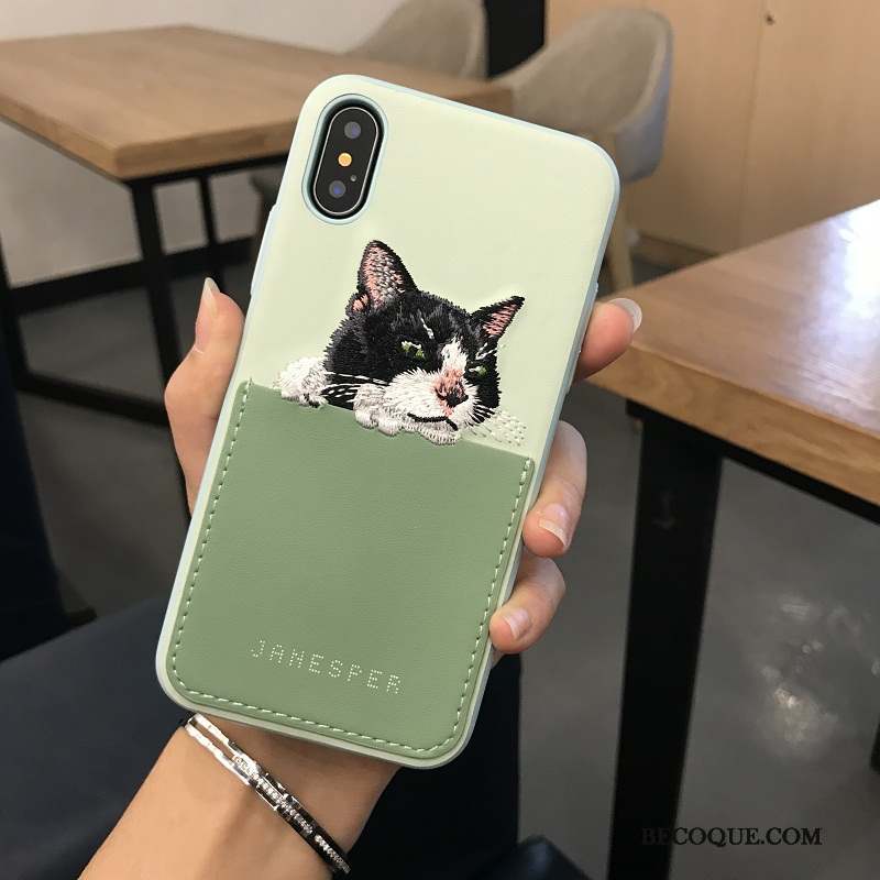 iPhone X Coque De Téléphone Chat Cuir Charmant Broderie Qualité