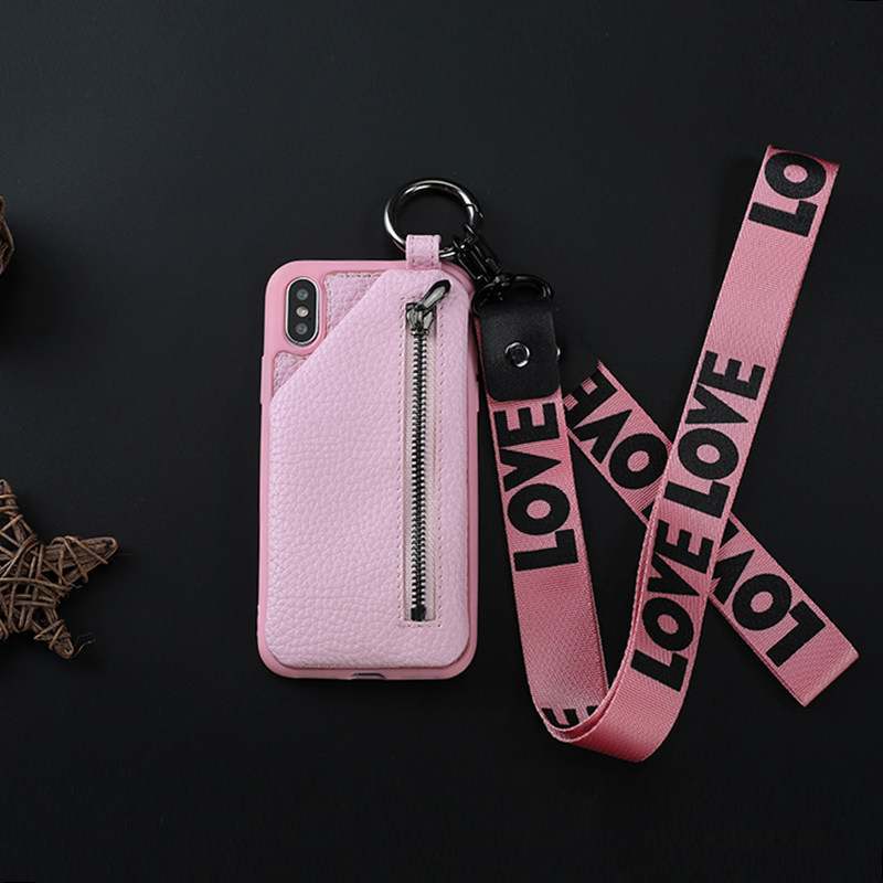 iPhone Xs Coque Clé Portefeuille Rose Carte Nouveau Cou Suspendu