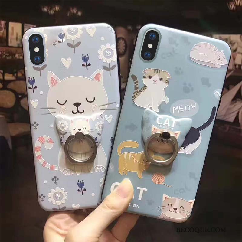 iPhone Xs Coque Gaufrage Très Mince Support Anneau Bleu Chat