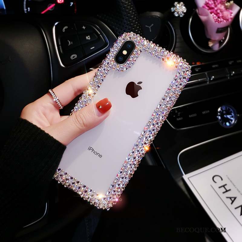 iPhone Xs Coque Nouveau Blanc Net Rouge Strass Incassable Transparent