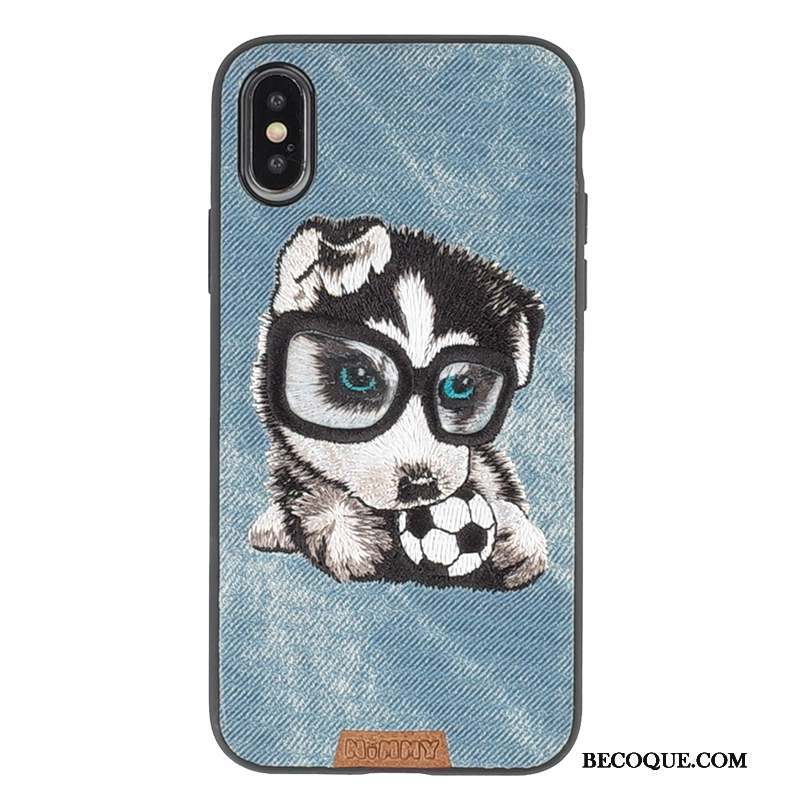 iPhone Xs Max Coque Charmant Chat Broderie Chiens Bleu Bovins